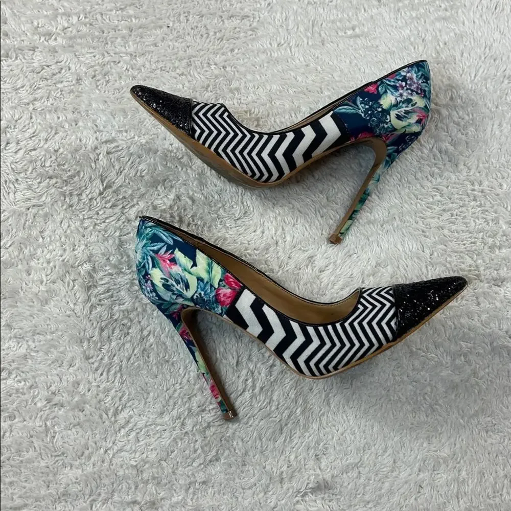 Shoe Republic LA floral zig zag glitter stiletto heels, size 8‎